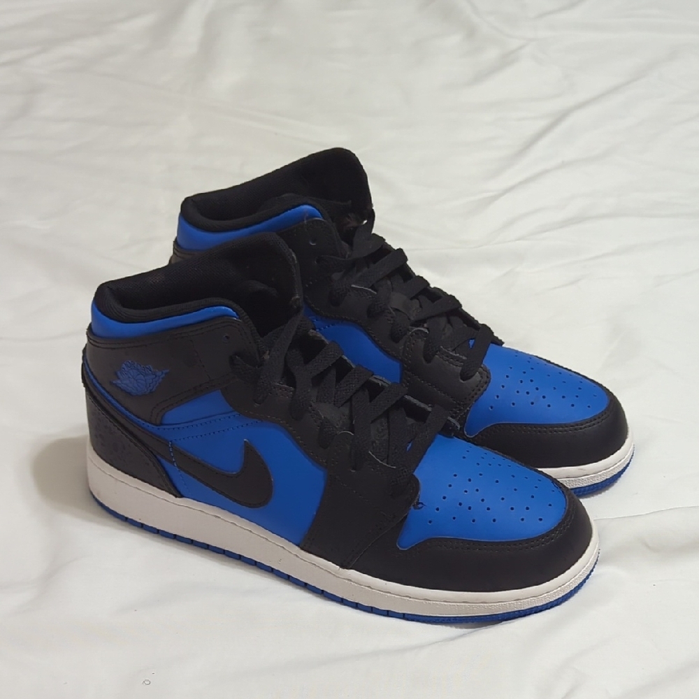 Nike Air Jordan 1 Mid Shoes, Color Black Royal Blue Size 6.5Y
